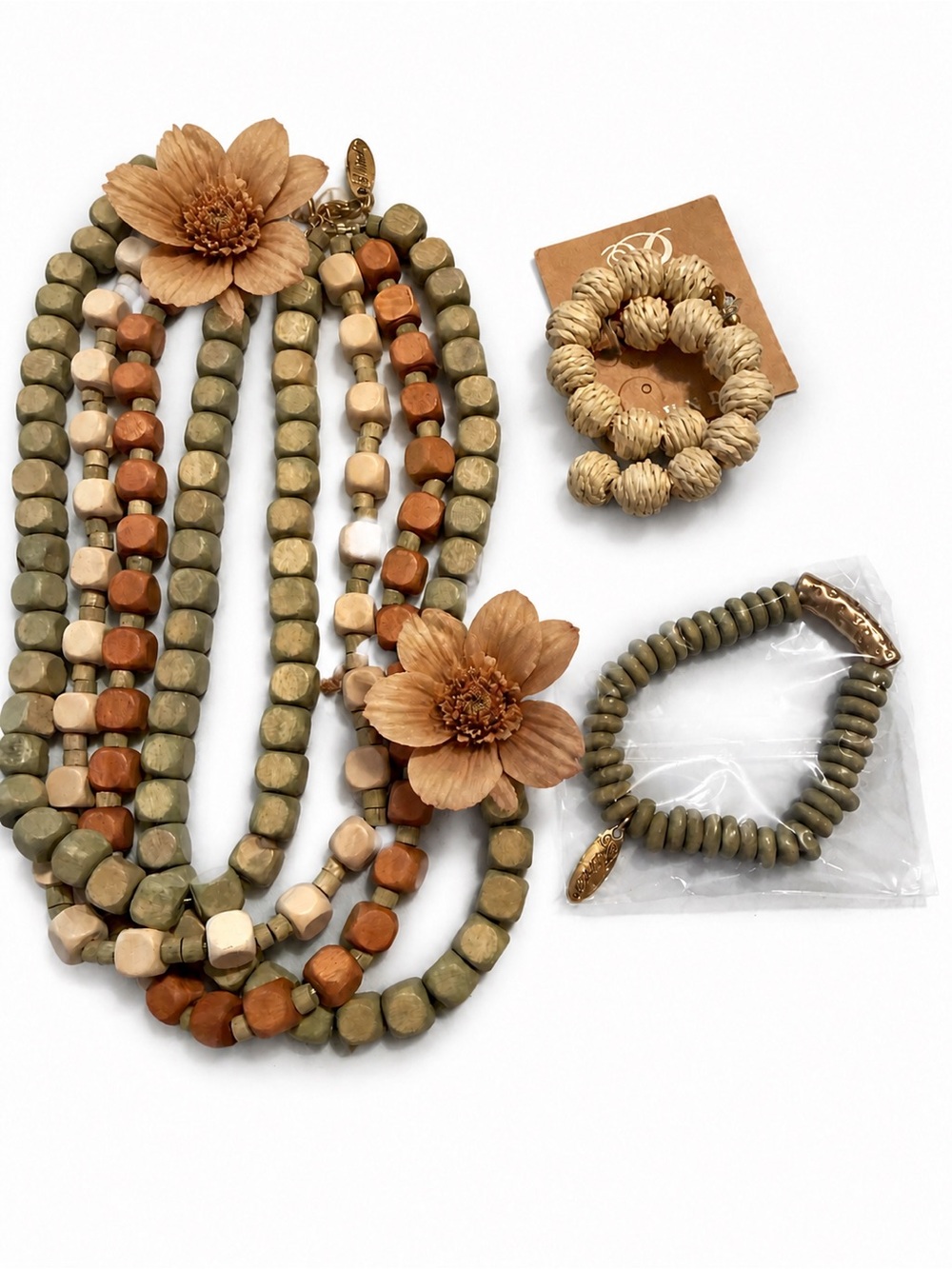 Boho Natural Wood Bead Necklace & Bracelet Set - Olive, Tan, Brown